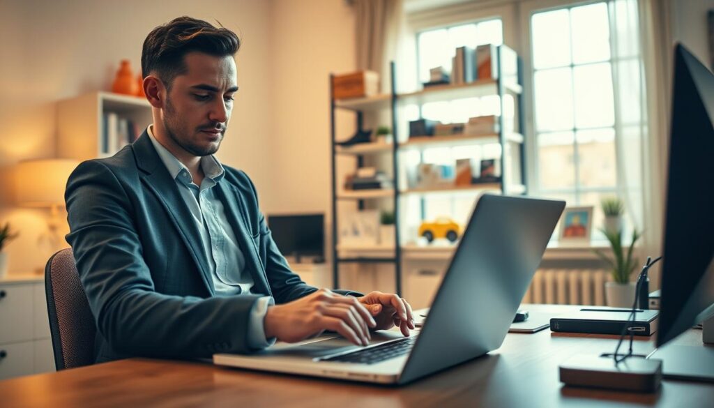 A cozy, modern home office setting, featuring a neatly arranged workspace with a laptop open on a desk, displaying a reputable online retailer website called "Shopping Online". In the foreground, a focused, professional-looking individual in business casual attire examines product reviews, with a look of contemplation on their face. The middle ground highlights a well-organized shelf filled with various products, symbolizing the variety of items available from different retailers. In the background, a warm, inviting window lets in soft natural sunlight, casting gentle shadows across the desk. The atmosphere is calm and focused, evoking a sense of trust and confidence in making informed online shopping choices. The scene captures the essence of carefully selecting the right retailer for purchases, emphasizing analysis and discernment.