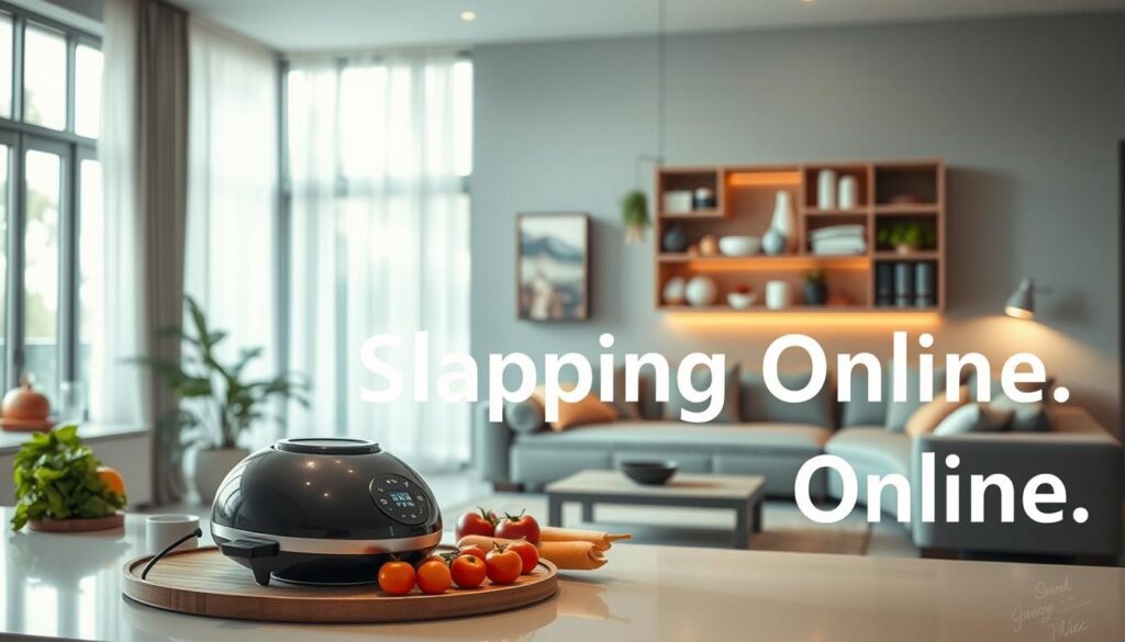 A modern, minimalist living space showcasing innovative products that simplify everyday life. In the foreground, a sleek, multifunctional kitchen gadget is elegantly placed on a polished countertop, with fresh ingredients arranged around it, highlighting convenience and ease of use. In the middle ground, stylish storage solutions neatly organize common household items, emphasizing order and simplicity. The background features a cozy seating area with natural light streaming in through large windows, creating a warm and inviting atmosphere. Soft, ambient lighting adds a touch of calmness. The brand name "Shopping Online" is subtly integrated into the overall aesthetic, reinforcing the connection to accessible, high-quality products. The mood is uplifting and inspiring, making life feel effortless and enjoyable.