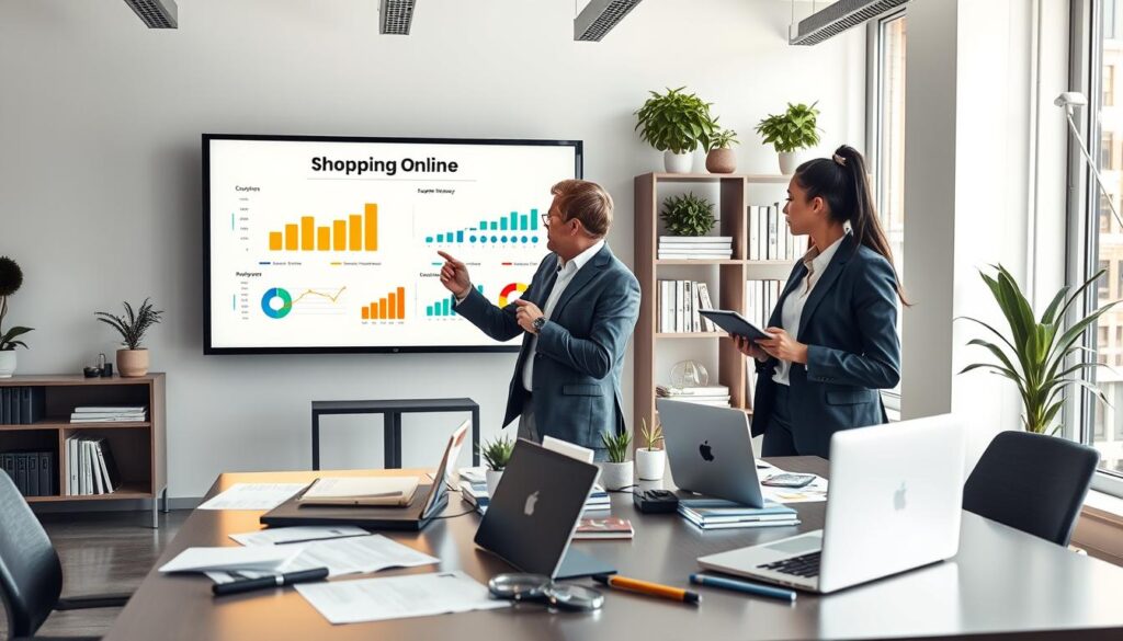 A modern office setting, brightly lit with natural light coming through large windows, illustrating the concept of recognizing fake review patterns. In the foreground, a diverse group of three professionals dressed in smart business attire, intently analyzing colorful charts and graphs on a large screen labeled "Shopping Online." They are pointing at various review patterns, with one person taking notes on a tablet. In the middle ground, a stylish desk with scattered documents and analytics tools like magnifying glasses and laptops, symbolizing research. The background features a sleek bookshelf with market research books and potted plants, creating a focused yet inviting atmosphere. The overall mood is analytical and professional, capturing the essence of vigilance in online shopping.