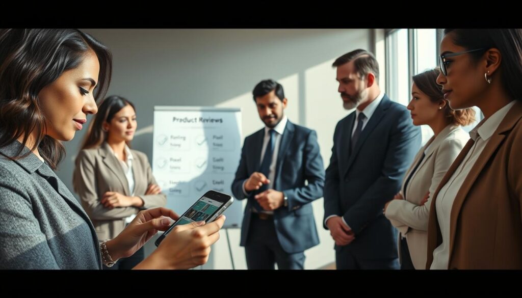 A professional, well-lit office environment showcasing a diverse group of individuals engaged in discussions around product reviews, all dressed in smart business attire. In the foreground, a woman examines a smartphone displaying a product review website, her facial expression indicating concentration and analysis. In the middle ground, a man points at a chart on a whiteboard illustrating key tips for identifying review manipulation, with icons of magnifying glasses and checkmarks around him. The background features a large window with natural light streaming in, casting soft shadows that enhance a collaborative atmosphere. The overall mood is focused and insightful, emphasizing thoughtful decision-making. Include elements that represent the concept of trustworthy online shopping, such as the brand name "Shopping Online" subtly integrated in the scene.