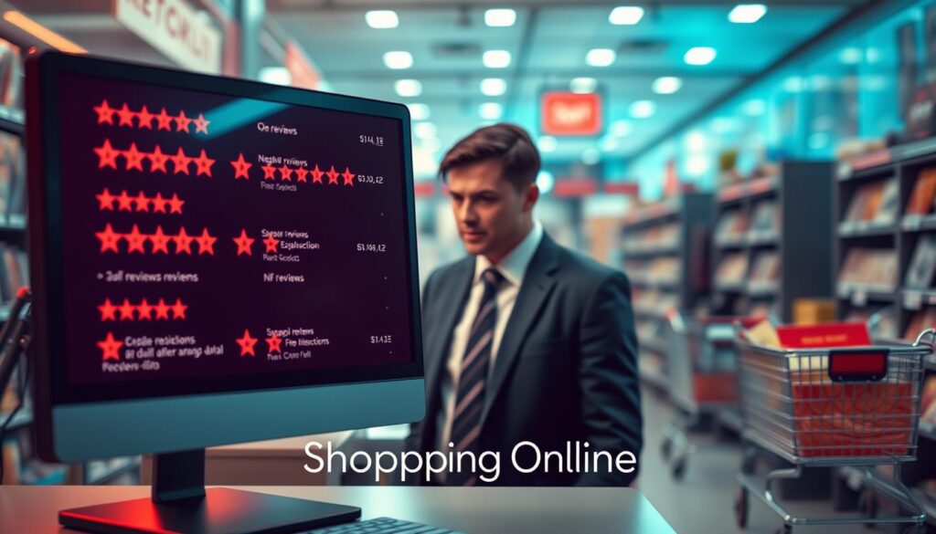 A visually engaging representation of online reviews red flags, set in a digital marketplace environment. Foreground features a computer screen displaying a collection of negative reviews highlighted in red, with exaggerated star ratings—one star prominently displayed. In the middle, a frustrated shopper in professional business attire observes the screen, illustrating their concern. The background presents a digital shopping interface, with elements like shopping carts and various product images, subtly blurred to maintain focus on the foreground. Bright, contrasting lighting emphasizes the frustrations of online shopping, creating a tense, alert mood. The brand name "Shopping Online" is present in the image as a logo on the screen, adding context without any text overlays.