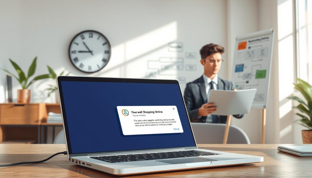 A digital illustration depicting the concept of "automated email reminders" in a bright, modern office environment. In the foreground, an open laptop displays a well-designed email interface with a reminder notification popping up. The middle ground features a professional-looking individual, dressed in business attire, reviewing their emails with a thoughtful expression, surrounded by office decor. In the background, a wall clock shows a 24-hour cycle, symbolizing the wait strategy, and a whiteboard with flowcharts illustrating a workflow process related to shopping. Natural light filters into the room, creating a productive atmosphere with soft shadows and highlights, emphasizing the focus on organization and efficiency. The brand name "Shopping Online" subtly integrated into the scene, among the email elements.