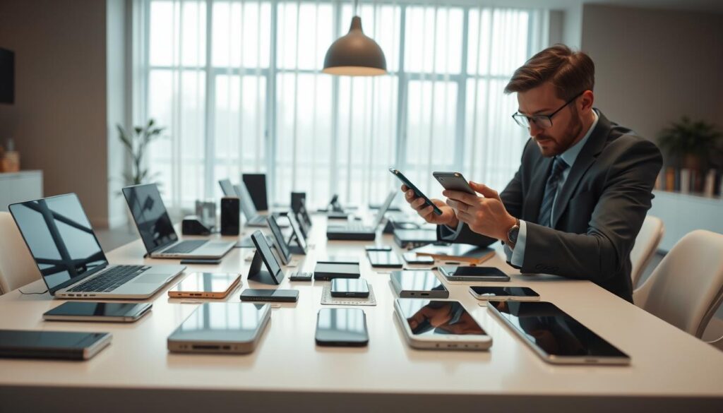 A highly detailed and visually engaging electronics comparison scene, showcasing various electronic devices like smartphones, laptops, and tablets arranged on a modern, sleek table. In the foreground, a person in professional business attire thoughtfully examines two different smartphones, highlighting the importance of careful evaluation. The middle ground features a variety of gadgets neatly displayed, with clear labels indicating their specifications. The background displays a well-lit, minimalistic room with soft, diffused natural light filtering through large windows, creating a calm, focused atmosphere. The angle is slightly elevated, capturing both the products and the evaluation process. The brand name "Shopping Online" subtly integrated into the environment, reflecting an atmosphere of informed purchasing decisions.