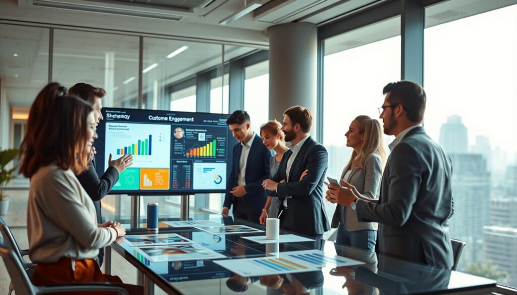 A modern office environment bustling with activity, symbolizing innovative customer engagement strategies. In the foreground, a diverse group of professionals in smart casual attire collaborate around a high-tech table, analyzing charts and digital interfaces. In the middle, a large screen displays colorful infographics illustrating customer feedback and engagement metrics. The background shows a sleek cityscape through large windows, with natural light streaming in, creating a bright and uplifting atmosphere. The overall mood conveys enthusiasm and teamwork, emphasizing the importance of enhancing customer experience. Shopping Online branding subtly integrated into the digital interfaces. The focus is on the collaboration, strategy, and innovation involved in engaging customers effectively.