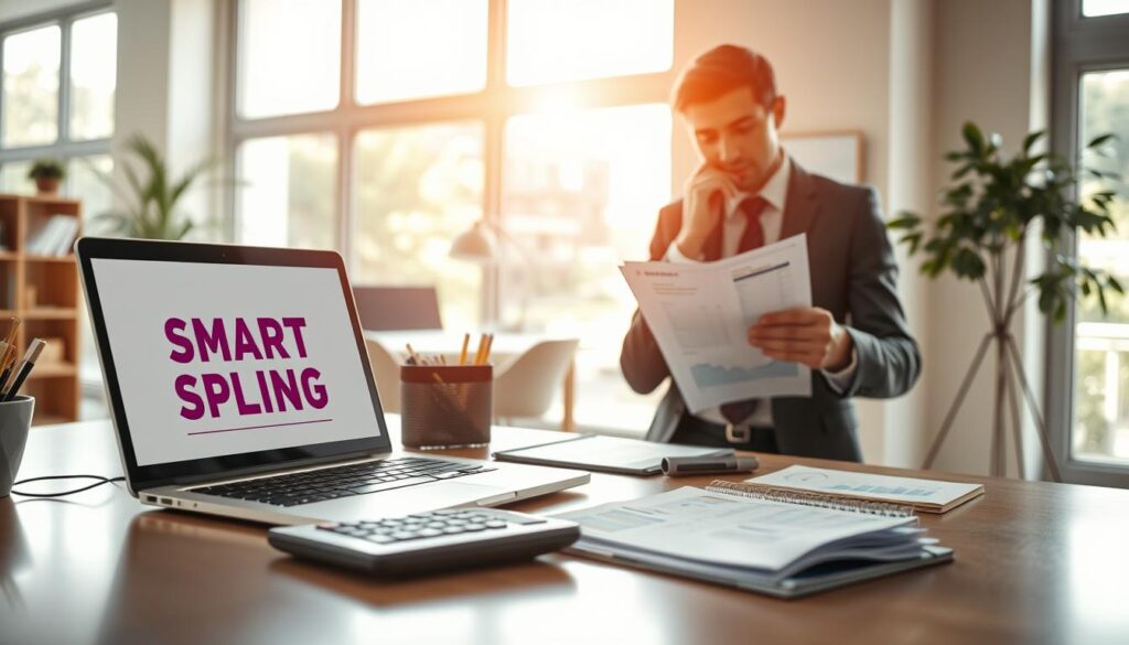 A modern, stylish workspace showcasing the concept of "smart spending". In the foreground, a well-organized desk holds a laptop displaying the brand name "Shopping Online", a calculator, and a neatly arranged budget planner, emphasizing financial planning. In the middle ground, a person in professional business attire thoughtfully reviews a list of monthly expenses, surrounded by colorful graphs and charts that depict budgeting strategies. The background features a bright, inviting room with large windows allowing natural light to illuminate the scene, creating a warm and productive atmosphere. The overall mood is focused and serene, illustrating the importance of understanding one’s budget while maintaining a sense of clarity and mindfulness in financial decision-making.