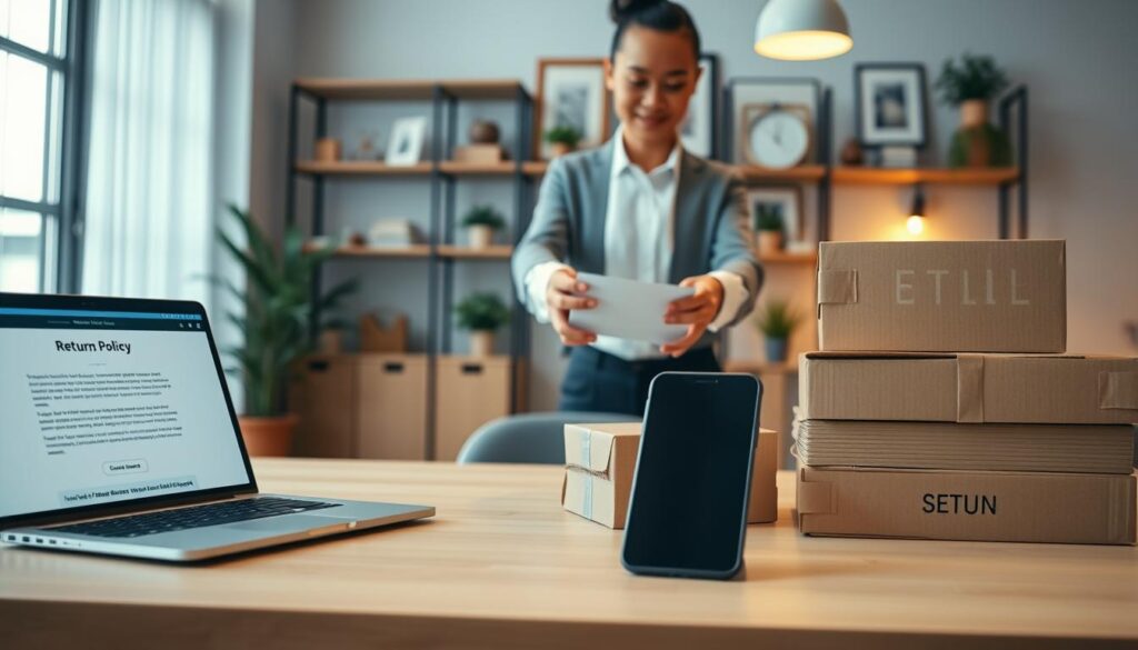A professionally designed return process guide for "Shopping Online". In the foreground, display a neat, organized desk featuring an open laptop displaying a website with a return policy, a smartphone showing a confirmation message, and a stack of neatly arranged boxes ready for return, emphasizing a sense of order. In the middle, include a pair of hands in business attire engaging with the items, conveying action and attention to detail. The background should depict a softly lit, modern office space with shelves containing products, framed pictures, and plants to create an inviting atmosphere. The overall mood is professional and efficient, designed to reflect clarity and simplicity in the return process. The lighting is warm, creating a welcoming environment, with a slight depth of field to keep the focus on the foreground elements.