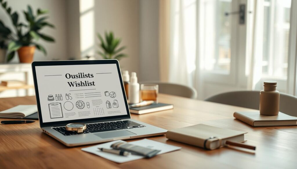 A strategically organized workspace featuring a beautifully designed wishlist for quality products. In the foreground, a sleek laptop displays a well-structured document titled "Quality Products Wishlist" with elegant graphics and icons. On the desk, scattered quality product samples, such as a luxury watch, premium skincare items, and stylish home decor, create an inviting atmosphere. In the middle ground, a potted plant and a stylish notebook enhance the workspace's aesthetic. The background shows a softly lit room with natural light streaming in through a window, casting gentle shadows on the wooden desk. The mood is one of calm focus and intention, underscoring the importance of thoughtful shopping. The brand "Shopping Online" is subtly integrated into the design elements. The scene is captured from a slightly elevated angle for depth.