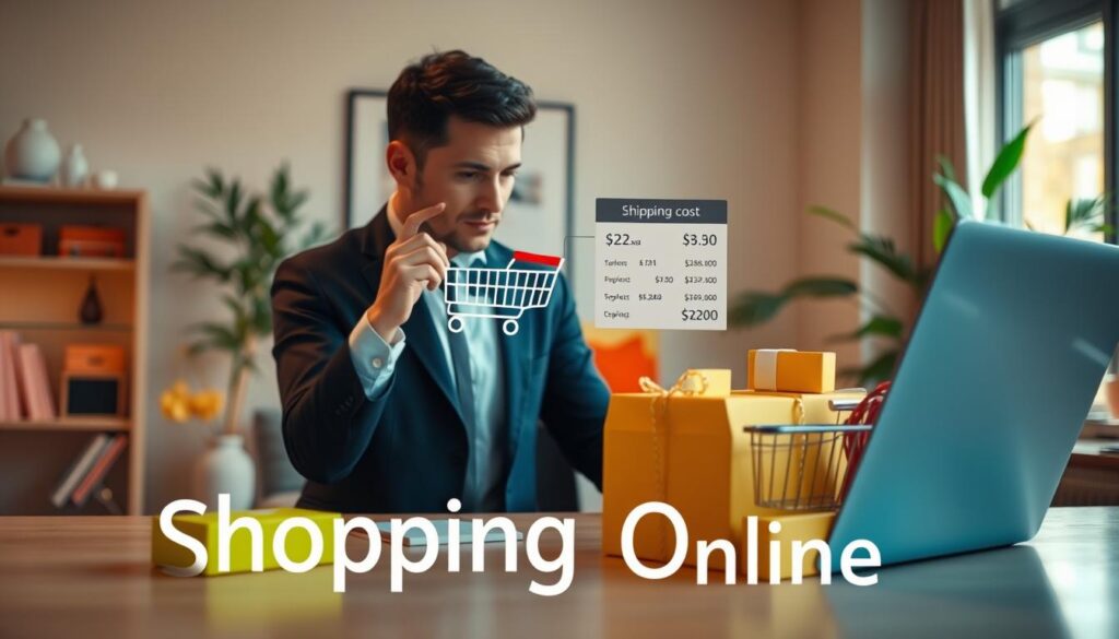 A vibrant and engaging scene depicting online shopping shipping costs, with a focus on enhancing the consumer experience. In the foreground, a professional business person, dressed in smart attire, is seen analyzing digital shopping carts on a sleek laptop, with shipping cost calculations displayed on the screen. The middle layer features an array of colorful packages with price tags, representing various shipping options. In the background, a modern home office with soft, natural lighting creates an inviting atmosphere, accentuated by an indoor plant and stylish decor. The overall mood is one of clarity and efficiency, emphasizing the ease of calculating true costs and shipping times for online shoppers. Include the brand name "Shopping Online" subtly integrated into the scene.