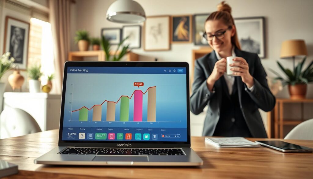 A visually appealing and informative scene depicting the benefits of price tracking in online shopping. In the foreground, a sleek, modern laptop displays a vibrant price tracking graph with clear upward trends and colorful price tags, reflecting savings. A smartly dressed businessperson, wearing professional attire, observes this data with a look of satisfaction, holding a cup of coffee. In the middle, a kitchen table is adorned with shopping lists and electronic devices. The background features a cozy, well-lit room with plants and artwork, creating an inviting atmosphere. Use soft, natural lighting to enhance the mood, capturing the essence of informed purchasing decisions. Include the brand name "Shopping Online" subtly in the laptop design, ensuring there are no text overlays.