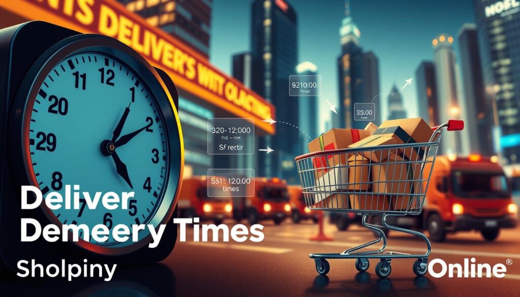 A visually engaging and informative illustration of "delivery time estimates," suitable for a section titled "Delivery Times Demystified." In the foreground, a sleek digital clock displays multiple time zones, symbolizing the global nature of online shopping. In the middle, a shopping cart filled with parcels showcases various delivery options, while flowcharts and arrows depict estimated delivery times next to the items. The background should feature a stylized cityscape with tall buildings and delivery trucks on the move, conveying a bustling marketplace atmosphere. Use bright, inviting lighting to enhance the sense of urgency and excitement, with a slight lens blur on the background to focus on the delivery elements. The overall mood should be professional yet approachable, underlining the theme of helping consumers make informed decisions. Include the brand name "Shopping Online" subtly integrated into the scene.