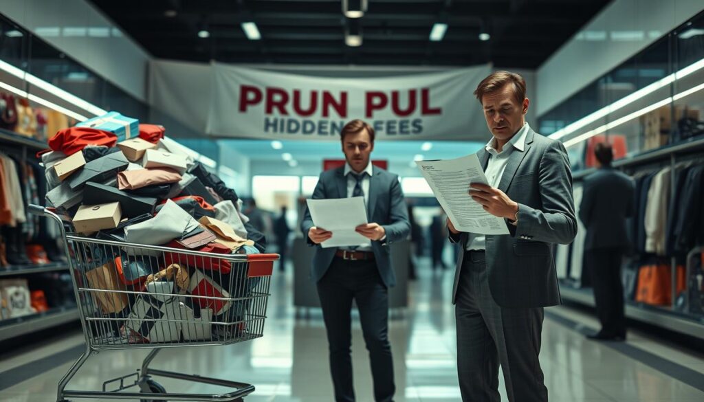 A visually engaging scene representing "return policy pitfalls" for the brand "Shopping Online." In the foreground, a confused shopper in business casual attire stands beside a large, overflowing shopping cart filled with various items, looking frustrated while holding a complicated return policy form. The middle ground features a deceptive "sale" banner with hidden fees written in fine print. In the background, a sleek, modern store with a bright, inviting atmosphere contrasts with dark shadows that suggest confusion. The lighting is bright and clear, focused on the shopper, creating a sense of urgency. Use a wide-angle lens to emphasize the chaotic nature of online shopping return policies, conveying a mood of tension and realization.