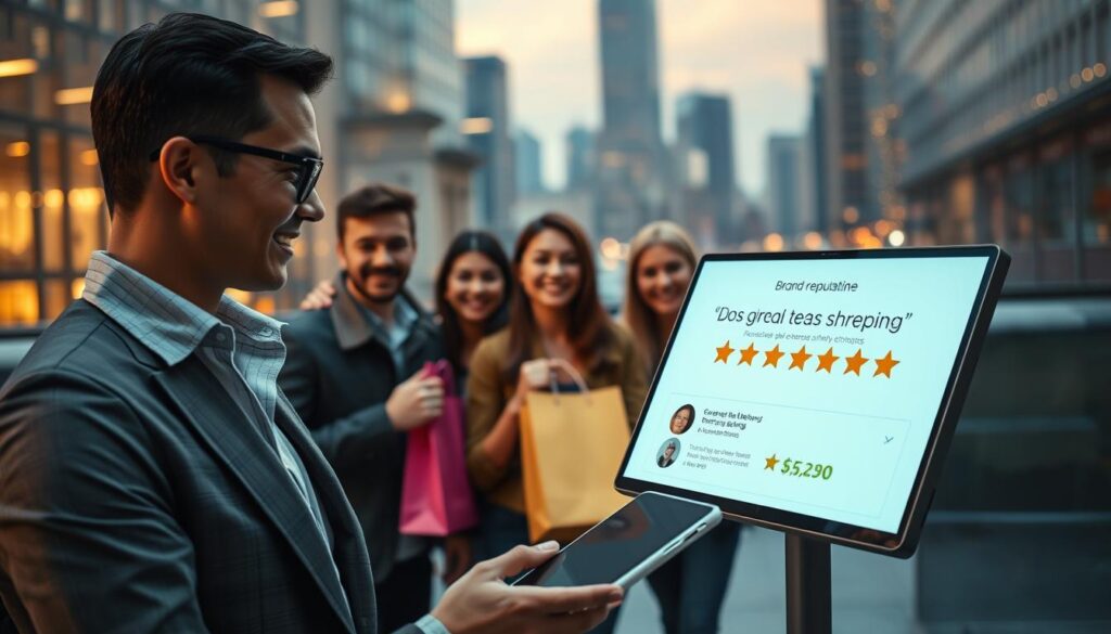 A visually striking representation of "brand reputation" centered around the brand name "Shopping Online." In the foreground, a confident business professional, dressed in smart attire, is engaging with a digital device, showcasing positive feedback and ratings on a screen. In the middle, a diverse group of satisfied customers holds shopping bags, beaming with smiles, symbolizing trust and satisfaction. In the background, a modern cityscape is subtly illuminated by warm, inviting lights, conveying a sense of community and reliability. The atmosphere is optimistic and professional, with soft focus on the city to enhance the feeling of security and trust in the brand. The image is captured in a wide-angle view to inspire a sense of connection and credibility, inviting viewers to prioritize reputation in their decisions.