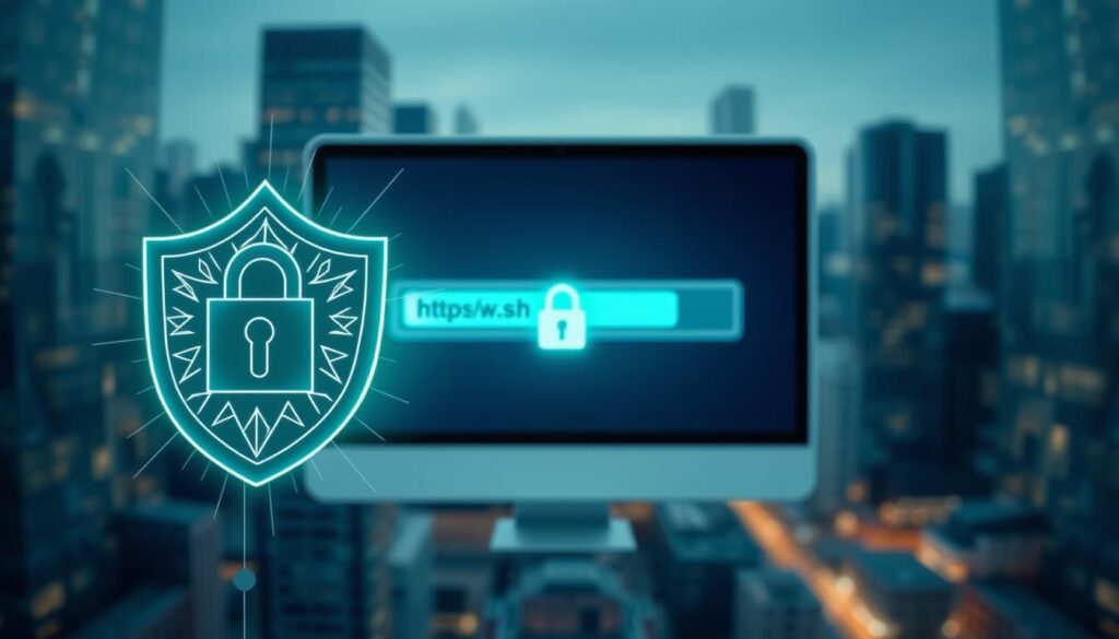 A secure website connection depicted visually: in the foreground, a glowing shield icon symbolize security, intricately designed with a lock at its center, radiating light. The middle layer features a stylized computer screen displaying a URL bar with a green padlock icon, indicating a secure "https://" connection. In the background, a blurred cityscape of modern buildings symbolizes the digital world, with soft, ambient lighting that reflects a safe online environment. The mood is professional and reassuring, conveying trust in digital security. The overall color palette is a mix of blue and silver tones, evoking a sense of stability and safety. The brand name “Shopping Online” is subtly integrated into the design elements without text overlays, enhancing the visual narrative.