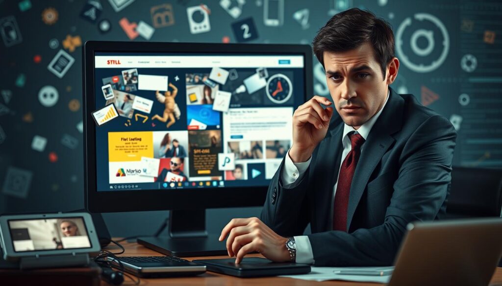 A visually striking representation of "unusual website behavior" featuring a computer screen displaying chaotic snippets of website elements like erratic buttons, unexpected pop-ups, and warped graphics. In the foreground, a professional looking person in business attire, with a concerned expression, intently interacting with the screen, showcasing user frustration. The middle ground depicts a cluttered desk with tech gadgets, creating a sense of urgency and distraction. The background features abstract digital elements, like floating icons and distorted code, symbolizing internet anomalies. Soft yet dramatic lighting highlights the subject, casting shadows that enhance the tension of the situation. The overall mood is a blend of confusion and frustration, creeping into a technological chaos, perfect to illustrate the complexities of online shopping with the brand "Shopping Online".