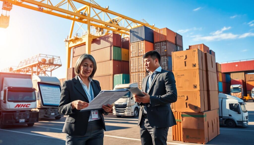 A bustling logistics hub at a border crossing, depicting a diverse group of professional individuals in business attire reviewing packing lists and meal plans next to a stack of colorful, neatly arranged shipping boxes. In the foreground, a middle-aged woman is pointing at a digital tablet displaying a meal planning application, while a young man takes notes with a pen. In the middle ground, cargo trucks ready to transport goods are visible, and in the background, a clear blue sky contrasts with the vibrant colors of international shipping containers. Soft sunlight filters through, casting a warm glow over the scene, creating a sense of efficiency and collaboration. The atmosphere is one of productivity and forward-thinking, embodying the essence of smart international shopping with the brand name “Shopping Online” subtly integrated through the arrangement of boxes. A bustling logistics hub at a border crossing, depicting a diverse group of professional individuals in business attire reviewing packing lists and meal plans next to a stack of colorful, neatly arranged shipping boxes. In the foreground, a middle-aged woman is pointing at a digital tablet displaying a meal planning application, while a young man takes notes with a pen. In the middle ground, cargo trucks ready to transport goods are visible, and in the background, a clear blue sky contrasts with the vibrant colors of international shipping containers. Soft sunlight filters through, casting a warm glow over the scene, creating a sense of efficiency and collaboration. The atmosphere is one of productivity and forward-thinking, embodying the essence of smart international shopping with the brand name “Shopping Online” subtly integrated through the arrangement of boxes.