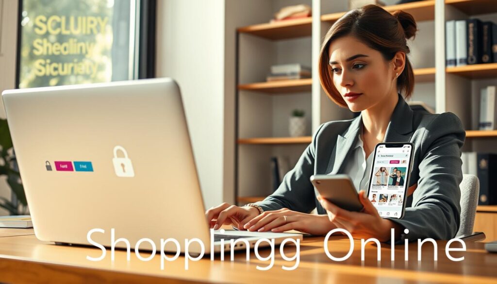 A confident, professional woman in business attire sits at a stylish desk, engaging in online shopping on her laptop. Bright, soft natural lighting illuminates the scene, highlighting her focused expression. In the foreground, the laptop screen displays a secure payment interface, showcasing a padlock symbol to signify safety in online transactions. The middle layer features a smartphone displaying a shopping app with various items, emphasizing choice and convenience. The background includes a well-organized bookshelf with digital security books, suggesting knowledge about online privacy. The atmosphere is calm and secure, invoking a sense of trust in the online shopping experience. The brand name "Shopping Online" is subtly incorporated into the design elements, reflecting a modern and professional aesthetic. A confident, professional woman in business attire sits at a stylish desk, engaging in online shopping on her laptop. Bright, soft natural lighting illuminates the scene, highlighting her focused expression. In the foreground, the laptop screen displays a secure payment interface, showcasing a padlock symbol to signify safety in online transactions. The middle layer features a smartphone displaying a shopping app with various items, emphasizing choice and convenience. The background includes a well-organized bookshelf with digital security books, suggesting knowledge about online privacy. The atmosphere is calm and secure, invoking a sense of trust in the online shopping experience. The brand name "Shopping Online" is subtly incorporated into the design elements, reflecting a modern and professional aesthetic.
