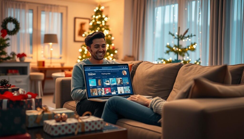 A cozy, modern living room filled with soft, warm lighting, featuring a stylish coffee table cluttered with wrapped gifts, holiday decorations, and a laptop displaying an inviting online shopping site titled "Shopping Online." In the foreground, a person in modest casual clothing sits comfortably on a plush sofa, eagerly shopping, with a joyful expression on their face. In the middle, an array of colorful gift options is visible on the laptop screen alongside engaging AI shopping tools. The background features a softly lit Christmas tree adorned with twinkling lights, enhancing the festive atmosphere. The overall mood is cheerful and relaxed, embodying the stress-free essence of holiday shopping experience. A cozy, modern living room filled with soft, warm lighting, featuring a stylish coffee table cluttered with wrapped gifts, holiday decorations, and a laptop displaying an inviting online shopping site titled "Shopping Online." In the foreground, a person in modest casual clothing sits comfortably on a plush sofa, eagerly shopping, with a joyful expression on their face. In the middle, an array of colorful gift options is visible on the laptop screen alongside engaging AI shopping tools. The background features a softly lit Christmas tree adorned with twinkling lights, enhancing the festive atmosphere. The overall mood is cheerful and relaxed, embodying the stress-free essence of holiday shopping experience.