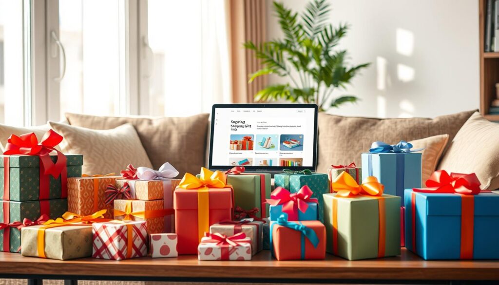 A cozy, modern living room scene filled with a colorful array of last-minute gifts neatly arranged on a stylish coffee table. In the foreground, presents of various shapes and sizes are beautifully wrapped in festive paper with vibrant ribbons. The middle layer includes a sleek laptop displaying the "Shopping Online" website, showcasing helpful AI shopping tools for selecting gifts. In the background, soft natural light streams through a window, creating a warm, inviting atmosphere. A decorative plant adds a touch of greenery, enhancing the homey feel. The overall mood is cheerful and inspiring, perfect for illustrating the convenience of last-minute gift shopping. The image should be realistic and professionally composed, with a focus on clarity and detail. A cozy, modern living room scene filled with a colorful array of last-minute gifts neatly arranged on a stylish coffee table. In the foreground, presents of various shapes and sizes are beautifully wrapped in festive paper with vibrant ribbons. The middle layer includes a sleek laptop displaying the "Shopping Online" website, showcasing helpful AI shopping tools for selecting gifts. In the background, soft natural light streams through a window, creating a warm, inviting atmosphere. A decorative plant adds a touch of greenery, enhancing the homey feel. The overall mood is cheerful and inspiring, perfect for illustrating the convenience of last-minute gift shopping. The image should be realistic and professionally composed, with a focus on clarity and detail.