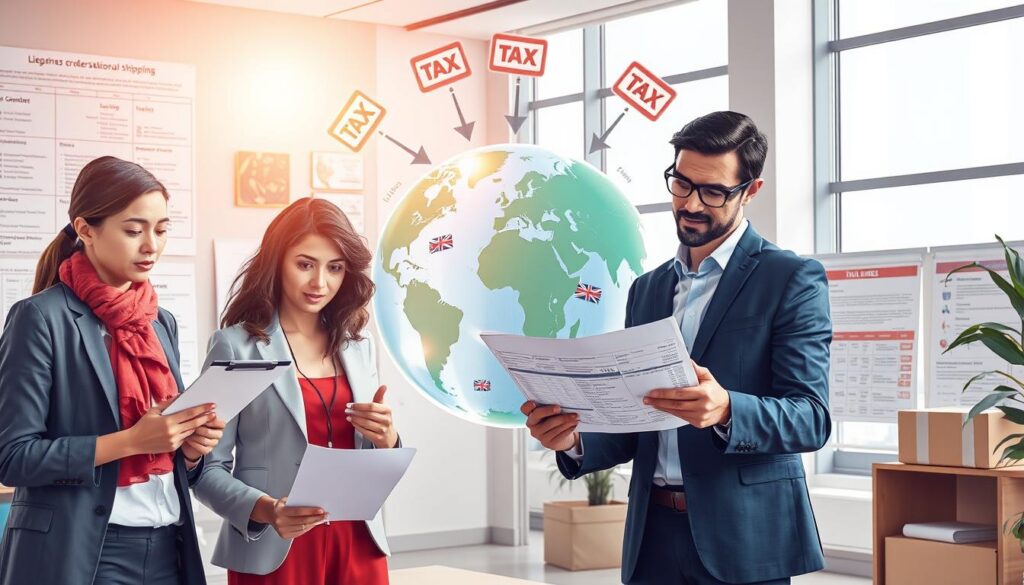 A detailed illustration of understanding customs duties and taxes for international orders. In the foreground, a diverse group of three individuals in professional clothing examines shipping documents, including a clipboard and tax calculation sheet. In the middle ground, a transparent globe displays various countries with arrows denoting shipment routes, while tax symbols float around, signifying international trade. The background features a modern office setting with charts on walls illustrating tax rates and duties, abundant natural light streaming through large windows, creating a bright and informative atmosphere. The image should exude a sense of clarity and professionalism, visually conveying the complexities of international shipping. Include the brand name "Shopping Online" subtly integrated into the office decor, ensuring it doesn’t distract from the main focus of the scene.