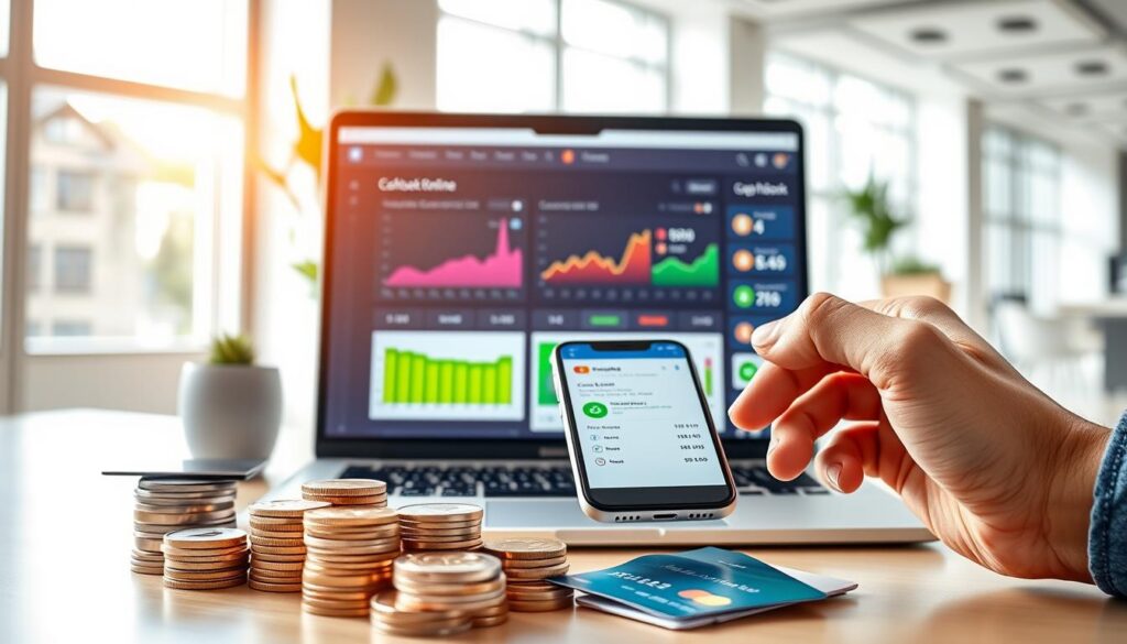 A modern digital workspace featuring a sleek laptop open to a cashback app interface, with colorful graphs and cashback rewards displayed prominently on the screen. In the foreground, a hand is tapping on a smartphone, showing notifications from various cashback offers. The middle ground includes stacks of coins and credit cards symbolizing financial savings and rewards. In the background, a bright, airy office environment with soft natural lighting streaming through large windows, casting gentle shadows. The mood is productive and optimistic, conveying a sense of ease and efficiency in managing cashback and deals. The scene is designed to reflect a smart buying decision, emphasizing the brand "Shopping Online" through vibrant, engaging visuals without text or overlays.