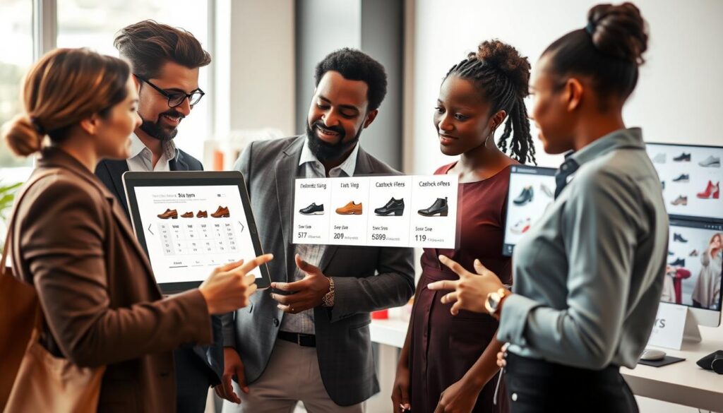 A modern, interactive online shopping scene focused on shoe sizing. In the foreground, a diverse group of three individuals in smart casual attire, engaged in a discussion, examining a digital sizing chart on a tablet. One person points at the screen, illustrating key sizing metrics. In the middle ground, a stylish website interface from "Shopping Online" is displayed prominently, showcasing various shoe styles and the “Cashback Offers” section. The background features a sleek workspace with soft natural lighting, creating an inviting atmosphere. A blurred hint of shopping bags and a computer screen loaded with shoe designs enhances the online shopping vibe. The image captures a sense of ease and empowerment in making informed purchasing decisions, emphasizing the importance of accurate fitting and cashback benefits.
