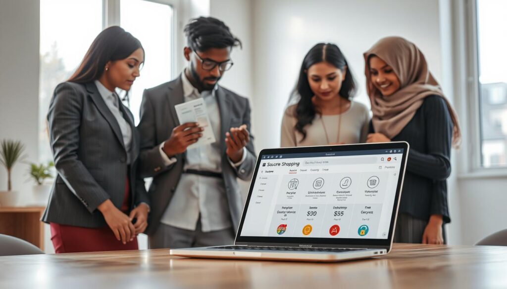 A modern online shopping experience visually depicted in a bright, inviting atmosphere. In the foreground, a diverse group of three individuals wearing professional business attire and modest casual clothing are interacting with a digital device, examining body measurement charts and data privacy icons. In the middle ground, a sleek laptop displays a shopping website displaying secure protocols with icons for privacy and data protection. The background features a minimalist setting with soft natural light filtering through large windows, giving an overall feeling of trust and clarity. Use a shallow depth of field to keep the focus on the individuals and their interaction with the data. The scene conveys a mood of informed decision-making and empowerment in online shopping, emphasizing the importance of protecting personal data while shopping online. The brand "Shopping Online" is subtly represented in the interface of the laptop screen. A modern online shopping experience visually depicted in a bright, inviting atmosphere. In the foreground, a diverse group of three individuals wearing professional business attire and modest casual clothing are interacting with a digital device, examining body measurement charts and data privacy icons. In the middle ground, a sleek laptop displays a shopping website displaying secure protocols with icons for privacy and data protection. The background features a minimalist setting with soft natural light filtering through large windows, giving an overall feeling of trust and clarity. Use a shallow depth of field to keep the focus on the individuals and their interaction with the data. The scene conveys a mood of informed decision-making and empowerment in online shopping, emphasizing the importance of protecting personal data while shopping online. The brand "Shopping Online" is subtly represented in the interface of the laptop screen.