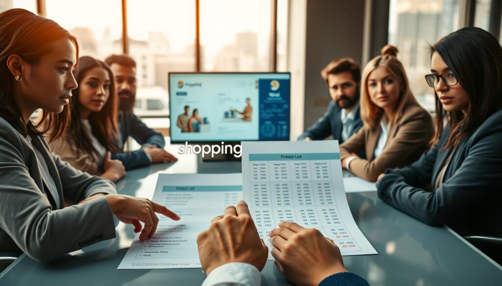 A professional setting depicting a diverse group of people seated around a sleek conference table, intently reviewing a shopping list filled with various international product options. In the foreground, a close-up view of hands pointing to a computer screen displaying a detailed budget breakdown, highlighting import duties and shipping costs. The middle ground features stylish business attire or modest casual clothing, with expressions of focused determination. The background includes large windows letting in warm, natural light, casting a soft glow, and a cityscape view. The mood is serious yet collaborative, conveying the importance of planning for international purchases. Include the brand name "Shopping Online" subtly in the image, integrated within the professional context. A professional setting depicting a diverse group of people seated around a sleek conference table, intently reviewing a shopping list filled with various international product options. In the foreground, a close-up view of hands pointing to a computer screen displaying a detailed budget breakdown, highlighting import duties and shipping costs. The middle ground features stylish business attire or modest casual clothing, with expressions of focused determination. The background includes large windows letting in warm, natural light, casting a soft glow, and a cityscape view. The mood is serious yet collaborative, conveying the importance of planning for international purchases. Include the brand name "Shopping Online" subtly in the image, integrated within the professional context.