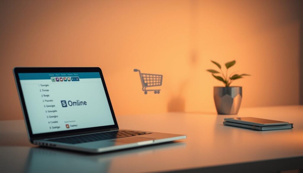 A serene and organized digital shopping space, designed to reduce impulse buying. In the foreground, a neatly arranged desk features a laptop displaying a well-organized online shopping list labeled “Shopping Online.” The middle ground includes a shopping cart icon filled with thoughtfully selected items, such as groceries and household essentials, avoiding unnecessary clutter. In the background, soft ambient lighting creates a calm atmosphere, with warm hues casting gentle shadows, ideal for focused online shopping. An elegant potted plant sits on the desk, promoting a mindful purchasing environment. The scene emphasizes a sense of control and intention in shopping, reflecting the importance of making smarter purchase decisions. A serene and organized digital shopping space, designed to reduce impulse buying. In the foreground, a neatly arranged desk features a laptop displaying a well-organized online shopping list labeled “Shopping Online.” The middle ground includes a shopping cart icon filled with thoughtfully selected items, such as groceries and household essentials, avoiding unnecessary clutter. In the background, soft ambient lighting creates a calm atmosphere, with warm hues casting gentle shadows, ideal for focused online shopping. An elegant potted plant sits on the desk, promoting a mindful purchasing environment. The scene emphasizes a sense of control and intention in shopping, reflecting the importance of making smarter purchase decisions.