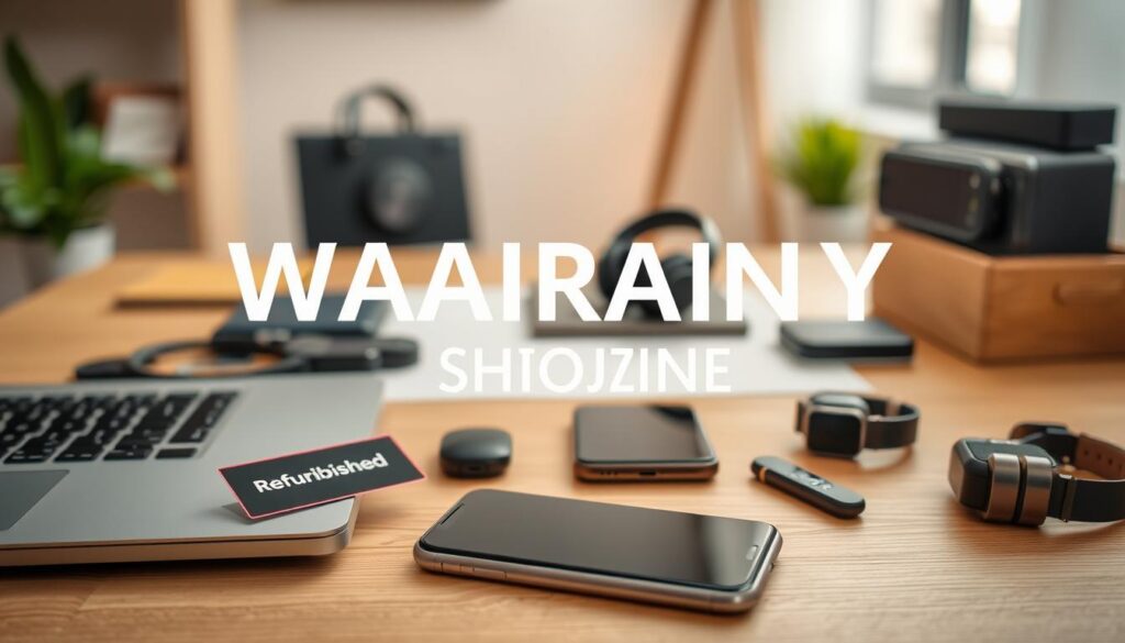 A visually appealing arrangement of warranty refurbished products, focusing on top-tier electronics like laptops, smartphones, and accessories. In the foreground, showcase a sleek laptop with a "Refurbished" tag prominently displayed, next to a high-quality smartphone, both in excellent condition. In the middle ground, include a subtle gradient backdrop of a well-organized workspace, featuring other refurbished gadgets like headphones and smartwatches, highlighted by soft, natural lighting. The background should be blurred, suggesting a cozy, modern home office environment, enhancing the feeling of quality and reliability. Use a slight angle to add depth, and capture an inviting, professional atmosphere. Emphasize the brand "Shopping Online" in a stylish, minimalist logo format, ensuring a clean look without any further text or distractions.