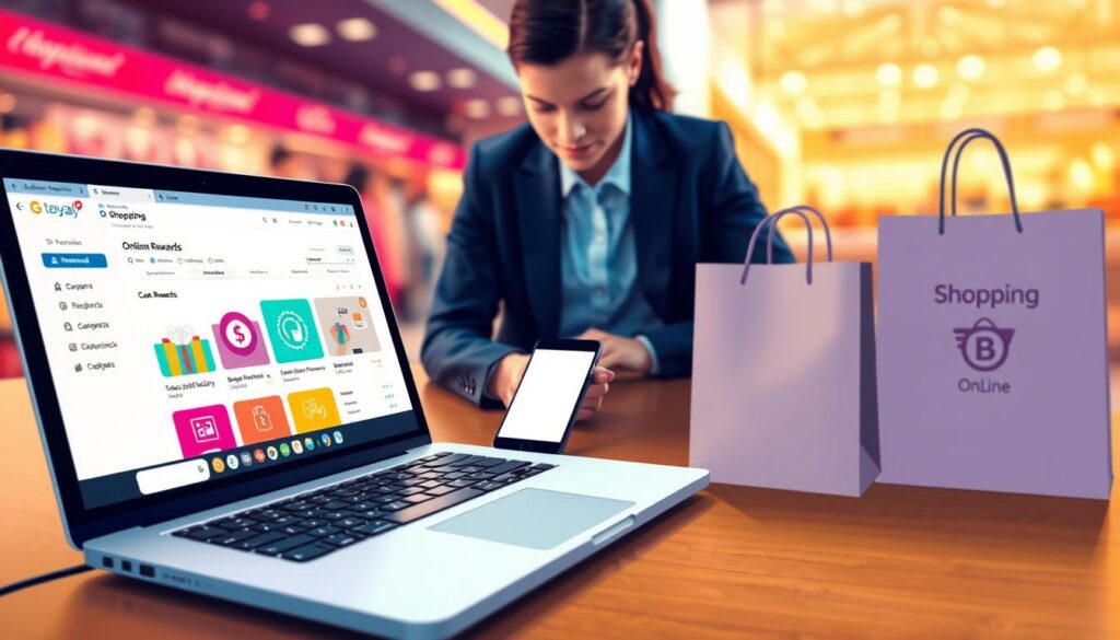 A visually compelling illustration of online shopping rewards, showcasing a modern digital shopping experience. In the foreground, a sleek laptop with an open shopping website, prominently displaying a colorful rewards dashboard, featuring coupons and cashback icons. A smartphone is nearby, displaying notifications of new rewards. In the middle ground, a person in professional business attire, focused on the screen, surrounded by shopping bags with logos of popular online retailers, including "Shopping Online." The background features soft, blurred shopping-themed elements like a vibrant marketplace and subtle hints of electronics. The lighting is bright and inviting, with warm tones that create a friendly atmosphere, suggesting ease and convenience in online shopping. The overall mood should feel optimistic and rewarding, illustrating the benefits while subtly hinting at the hidden complexities of subscriptions.