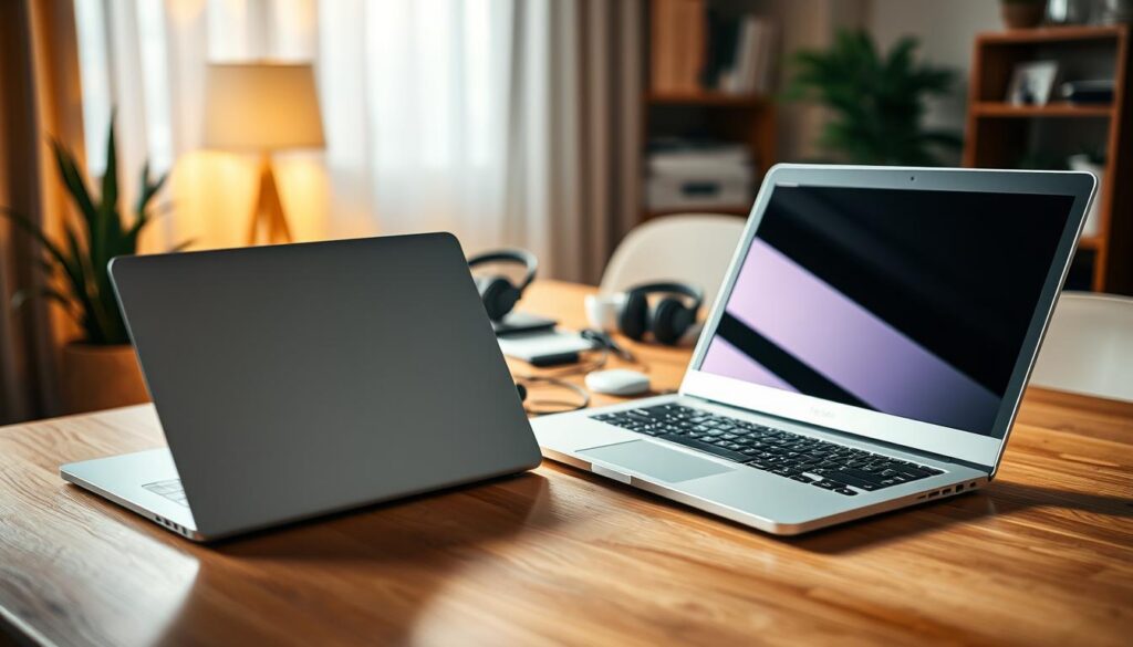 A visually striking image showcasing the contrast between refurbished and new electronics. In the foreground, place a sleek, modern refurbished laptop on the left side, featuring a subtle wear texture but still looking functional and appealing. On the right, display a brand-new laptop, pristine and brightly lit, reflecting contemporary design elements. In the middle ground, add a well-organized workspace with accessories like chargers, headsets, and cables, subtly hinting at the practicality of each option. The background should be a soft, blurred home office setting with warm, inviting lighting to create a cozy atmosphere. The composition conveys a sense of smart purchasing, encouraging viewers to consider value over price. The image should embody a professional yet relatable vibe suitable for an article by "Shopping Online".