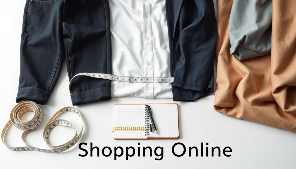 A well-lit, organized flat lay image showcasing the essential tools for measuring clothing, designed for a clean, modern aesthetic. In the foreground, a measuring tape is neatly coiled next to a pair of well-fitted jeans and a stylish shirt in professional business attire. In the middle ground, a tape measure extends across a soft fabric measuring guide, while a small notepad and pencil sit ready for notes. In the background, softly blurred fabric swatches in various colors convey a sense of a stylish clothing selection. The lighting is bright yet soft to highlight texture and detail, creating an inviting, informative atmosphere. The mood is encouraging, aiming to assist shoppers in making smart purchases. The brand "Shopping Online" is subtly reflected in the arrangement of items.
