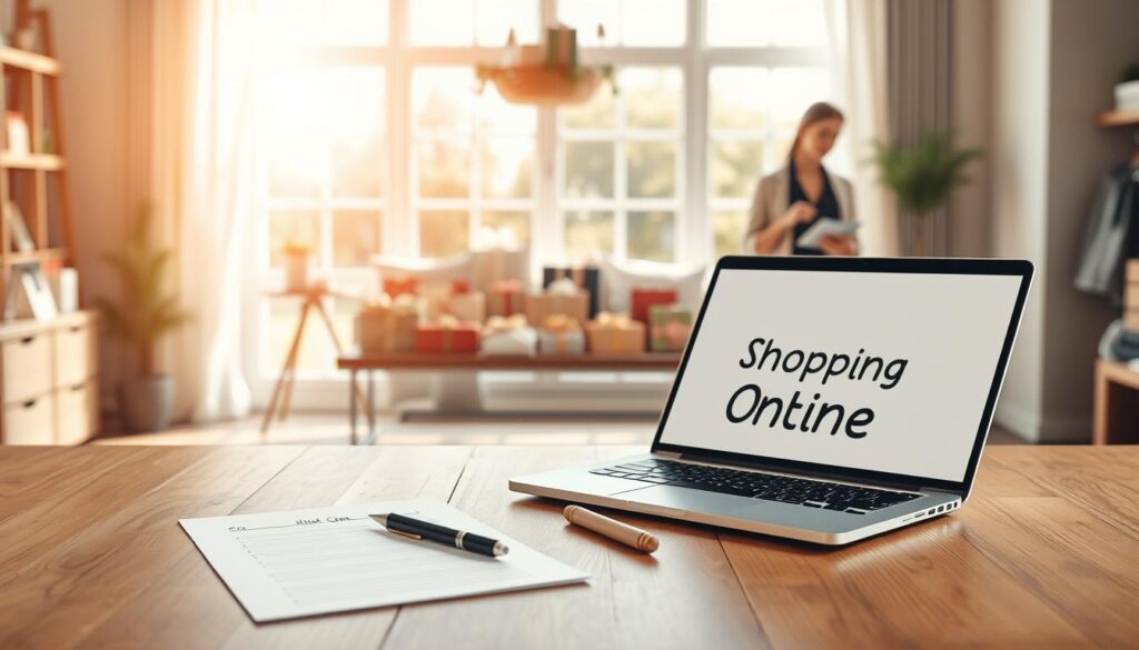 A well-organized and inviting shopping list system, featuring a wooden table in the foreground with a beautifully written shopping list and a laptop displaying the "Shopping Online" brand logo. In the middle, a cozy living room space with neatly arranged gift items on display, creating an atmosphere of thoughtful gifting. In the background, a serene window view showing a sunny day, emphasizing brightness and positivity. Natural light streams in, highlighting the items and casting soft shadows. The image should convey a sense of calm and purpose, promoting smarter shopping decisions while reducing impulse buying. Professional individuals in modest casual attire can be seen browsing thoughtfully, enhancing the image's focus on mindful decision-making rather than rushed purchases. A well-organized and inviting shopping list system, featuring a wooden table in the foreground with a beautifully written shopping list and a laptop displaying the "Shopping Online" brand logo. In the middle, a cozy living room space with neatly arranged gift items on display, creating an atmosphere of thoughtful gifting. In the background, a serene window view showing a sunny day, emphasizing brightness and positivity. Natural light streams in, highlighting the items and casting soft shadows. The image should convey a sense of calm and purpose, promoting smarter shopping decisions while reducing impulse buying. Professional individuals in modest casual attire can be seen browsing thoughtfully, enhancing the image's focus on mindful decision-making rather than rushed purchases.