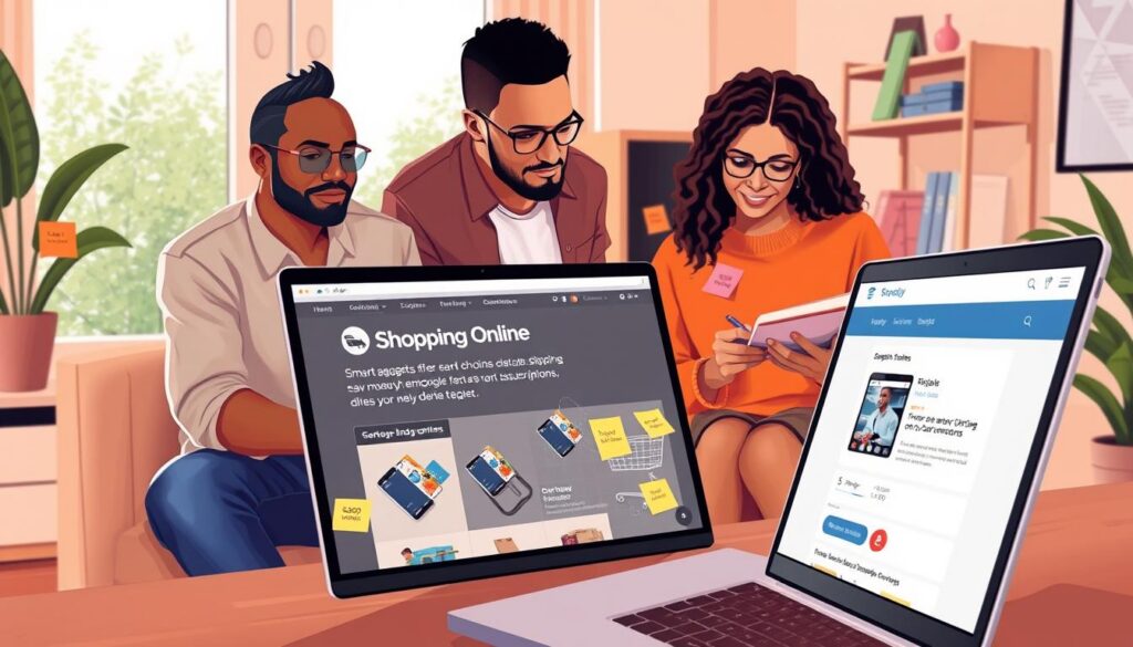Illustrate a modern, cozy home office setting, where a diverse group of three individuals are engaged in placing an international online order. In the foreground, there is a laptop displaying the "Shopping Online" website, with a highlighted cart filled with smart gadgets to save money on subscriptions. In the middle, one person is focused on reviewing shipping options, while another takes notes, surrounded by colorful sticky notes with budget ideas. In the background, a large window lets in natural light, enhancing the productive atmosphere. Use a warm color palette to evoke a sense of comfort and motivation. The scene captures a moment of collaboration and smart purchasing decisions in a professional yet relaxed environment, encouraging efficient online shopping practices.