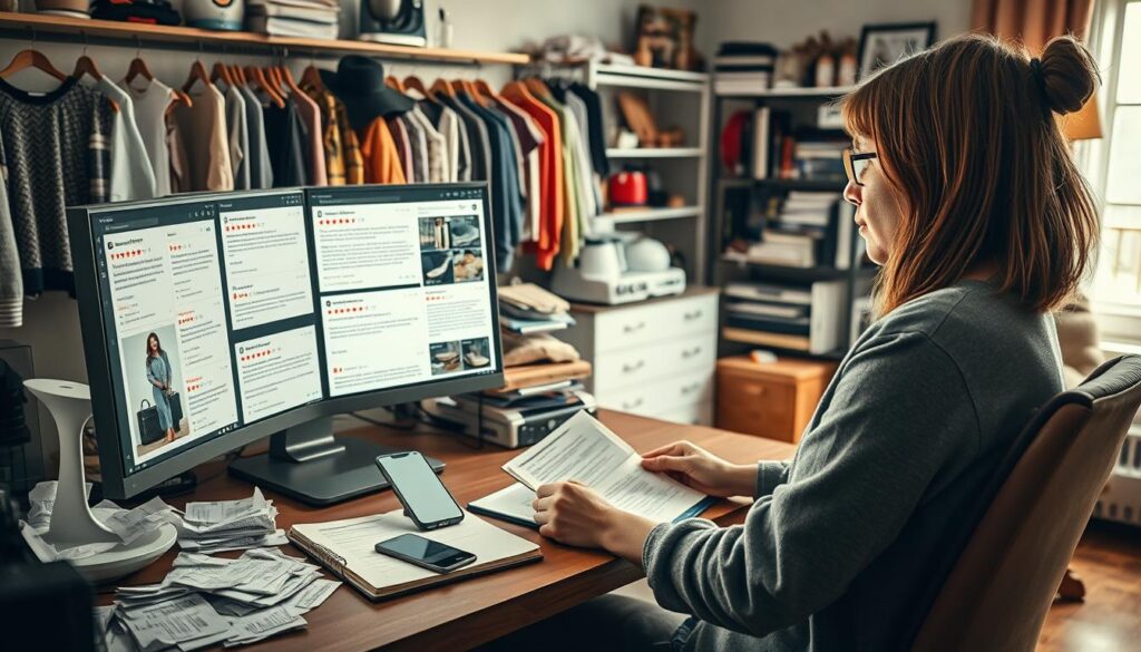 A cluttered home office scene focusing on a frustrated shopper at a computer, viewing online product pages. In the foreground, a woman in modest casual clothing has a puzzled expression as she scrolls through multiple product reviews on her screen. On the desk, scattered shopping receipts and an open notebook show a list of potential purchases. The middle ground features a glowing monitor displaying negative reviews highlighted in red, along with a smartphone showing a disappointing product image. In the background, a cozy, well-lit room filled with browsing distractions, including clothing, kitchen gadgets, and home decor items, creates an overwhelming sense of choice. The mood is tense, emphasizing the importance of reading product reviews before purchasing. Bright, natural light filters through a nearby window, illuminating the scene and adding a touch of realism. Include subtle branding for "Shopping Online" in the corner of the computer screen. A cluttered home office scene focusing on a frustrated shopper at a computer, viewing online product pages. In the foreground, a woman in modest casual clothing has a puzzled expression as she scrolls through multiple product reviews on her screen. On the desk, scattered shopping receipts and an open notebook show a list of potential purchases. The middle ground features a glowing monitor displaying negative reviews highlighted in red, along with a smartphone showing a disappointing product image. In the background, a cozy, well-lit room filled with browsing distractions, including clothing, kitchen gadgets, and home decor items, creates an overwhelming sense of choice. The mood is tense, emphasizing the importance of reading product reviews before purchasing. Bright, natural light filters through a nearby window, illuminating the scene and adding a touch of realism. Include subtle branding for "Shopping Online" in the corner of the computer screen.