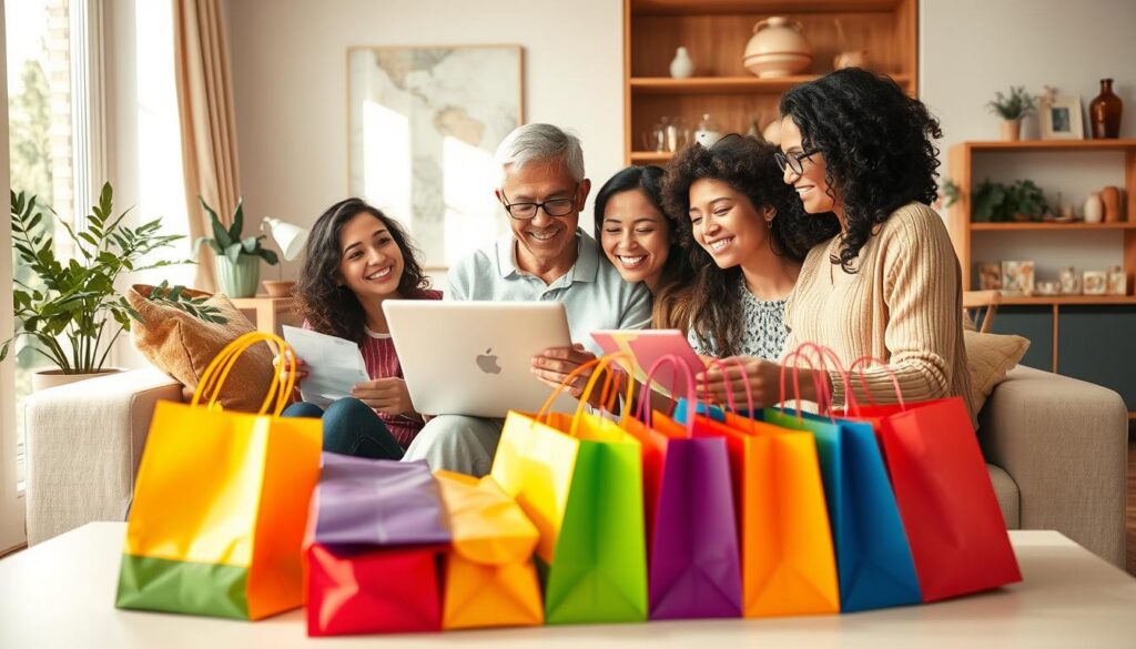 A cozy family scene in a bright, contemporary living room, where parents are gathered around a laptop, joyfully discussing “Shopping Online” for groceries and essentials. The foreground features a diverse family, with parents in modest casual clothing, actively engaged in the search for deals, surrounded by grocery lists and digital devices. In the middle ground, a colorful array of shopping bags is neatly organized on a table, hinting at items purchased online. The background shows a vibrant living space with a large window allowing soft, natural light to flood in, creating a warm and inviting atmosphere. The mood is relaxed and cheerful, reflecting the joy of efficient shopping and family bonding while saving time and money.