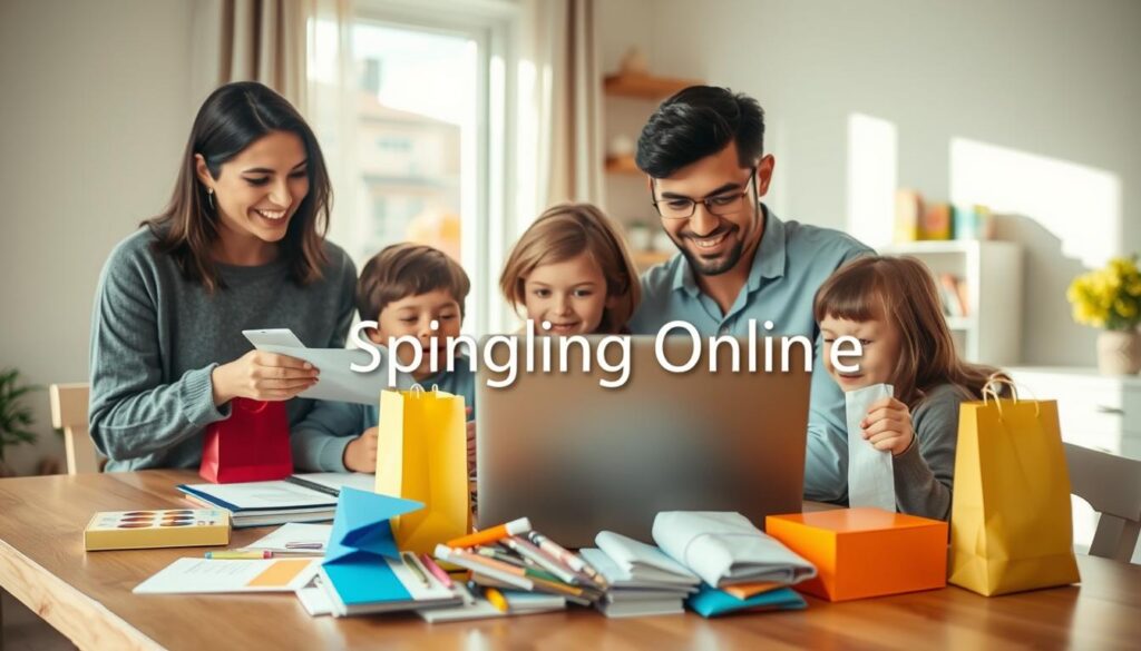 A cozy, inviting scene illustrating effective online shopping tips for busy parents. In the foreground, a diverse family of four—parents in smart casual attire and two children—gather around a laptop on a dining table, reviewing various online store options. The middle ground features a colorful assortment of shopping bags and lists, emphasizing organization and planning. In the background, a soft-focus of a well-lit home environment showcases a small shelf with family-friendly products, creating a warm and relatable atmosphere. Natural light streams in through a nearby window, enhancing the cheerful feel. The overall mood is cooperative and efficient, reflecting a positive shopping experience. The brand name "Shopping Online" is integrated into the scene subtly, ensuring the focus remains on the family and their shopping tips.