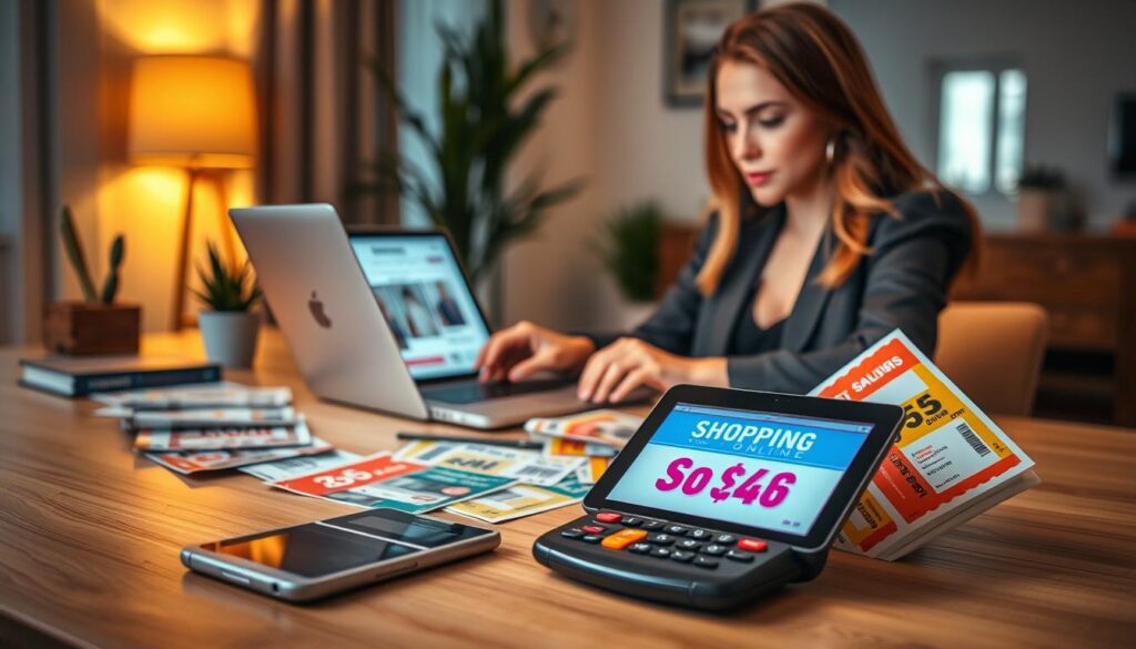 A cozy, modern home setting with a stylish, organized workspace in the foreground. A young woman in professional casual attire is seated at a sleek desk, focused on her laptop screen, which displays an online shopping website titled "Shopping Online". Around her, vibrant shopping coupons and discount codes are neatly arranged, showcasing various savings opportunities. In the middle ground, a digital tablet lies open, displaying a colorful array of discount banners and prices slashed, while a calculator sits nearby, emphasizing a conscious budget. The background is softly blurred with warm lighting and a few indoor plants, creating an inviting atmosphere that encourages smart online shopping decisions. The mood is focused and optimistic, encouraging viewers to remember the importance of using discounts and coupons. A cozy, modern home setting with a stylish, organized workspace in the foreground. A young woman in professional casual attire is seated at a sleek desk, focused on her laptop screen, which displays an online shopping website titled "Shopping Online". Around her, vibrant shopping coupons and discount codes are neatly arranged, showcasing various savings opportunities. In the middle ground, a digital tablet lies open, displaying a colorful array of discount banners and prices slashed, while a calculator sits nearby, emphasizing a conscious budget. The background is softly blurred with warm lighting and a few indoor plants, creating an inviting atmosphere that encourages smart online shopping decisions. The mood is focused and optimistic, encouraging viewers to remember the importance of using discounts and coupons.