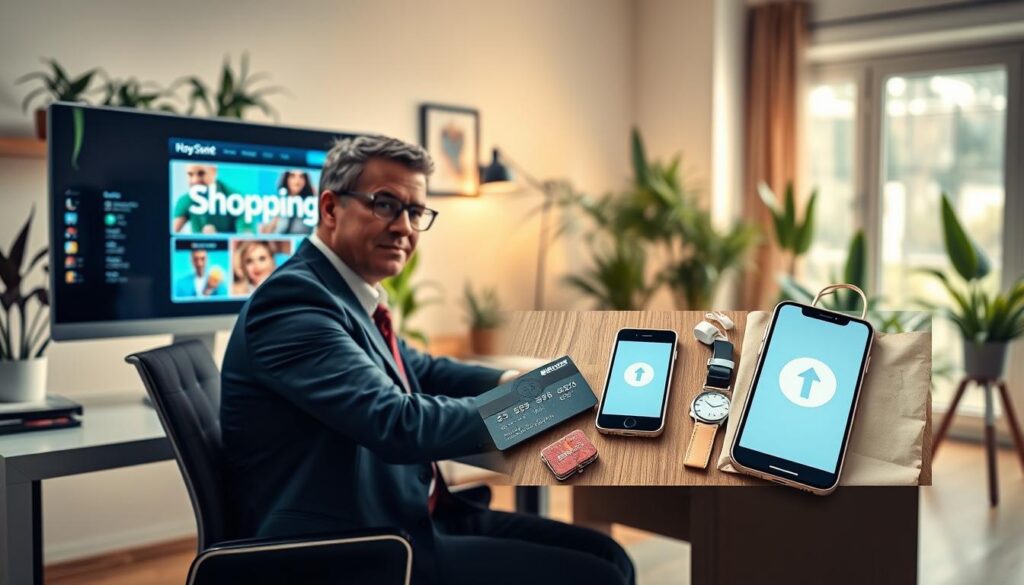 A digital collage depicting safe online shopping experiences. In the foreground, a person in professional business attire sits at a sleek desk, confidently browsing a computer with vibrant images of popular shopping websites like "Shopping Online" displayed on the screen. The middle section features a styled flat lay of essential online shopping items, such as a credit card, a smartphone showing secure payment icons, and a shopping bag, all arranged artistically. The background is a bright, modern home office filled with indoor plants and warm lighting, creating a cozy yet professional atmosphere. Use a shallow depth of field to focus on the person and shopping items, imparting a sense of trust and security. The mood is confident and reassuring, promoting safe online purchasing. A digital collage depicting safe online shopping experiences. In the foreground, a person in professional business attire sits at a sleek desk, confidently browsing a computer with vibrant images of popular shopping websites like "Shopping Online" displayed on the screen. The middle section features a styled flat lay of essential online shopping items, such as a credit card, a smartphone showing secure payment icons, and a shopping bag, all arranged artistically. The background is a bright, modern home office filled with indoor plants and warm lighting, creating a cozy yet professional atmosphere. Use a shallow depth of field to focus on the person and shopping items, imparting a sense of trust and security. The mood is confident and reassuring, promoting safe online purchasing.