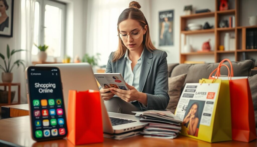 A focused scene depicting a professional woman in casual business attire, intently comparing prices on her laptop at a stylish, well-organized home workspace. In the foreground, a smartphone displays various online shopping apps, while the middle features the woman, surrounded by colorful shopping bags and discount flyers from different retailers, embodying the concept of mindful spending. The background includes a cozy living room setting with soft natural lighting filtering through a window, creating a warm and inviting atmosphere. The image highlights a sense of determination and savvy shopping, showcasing the brand name "Shopping Online" subtly featured on the laptop screen. The composition should evoke a feeling of empowerment and inspiration for budget-conscious shoppers. A focused scene depicting a professional woman in casual business attire, intently comparing prices on her laptop at a stylish, well-organized home workspace. In the foreground, a smartphone displays various online shopping apps, while the middle features the woman, surrounded by colorful shopping bags and discount flyers from different retailers, embodying the concept of mindful spending. The background includes a cozy living room setting with soft natural lighting filtering through a window, creating a warm and inviting atmosphere. The image highlights a sense of determination and savvy shopping, showcasing the brand name "Shopping Online" subtly featured on the laptop screen. The composition should evoke a feeling of empowerment and inspiration for budget-conscious shoppers.