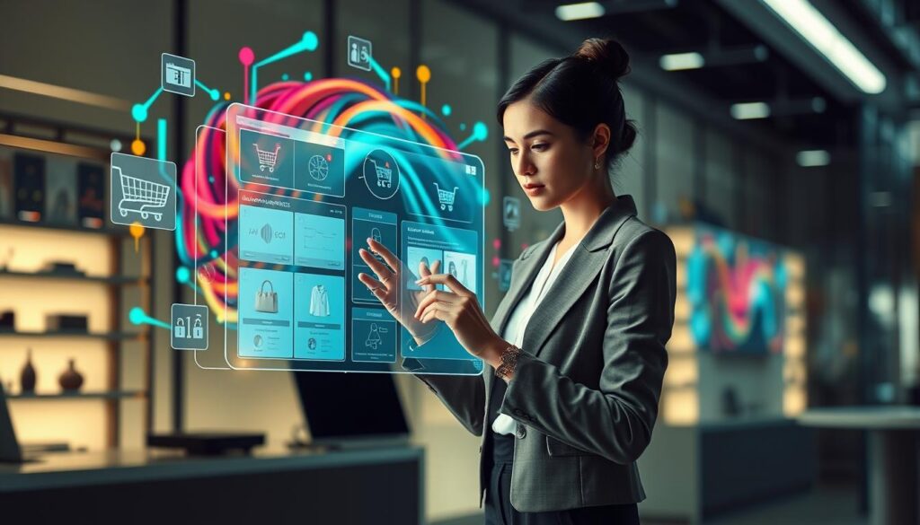 A modern and sleek digital workspace showcasing "AI Shopping Tools" in action. In the foreground, a high-tech, user-friendly interface displays various AI shopping applications, such as price comparison tools and personalized recommendation algorithms. In the middle, a professional woman in modest business attire interacts with a holographic screen, analyzing product options with ease. In the background, abstract representations of online shopping carts and algorithms swirl in vibrant colors, symbolizing the data-driven nature of AI. Soft, diffused lighting creates an inviting atmosphere, highlighting the innovative tech. The overall mood is focused and futuristic, emphasizing the blend of technology and consumerism under the brand name "Shopping Online."