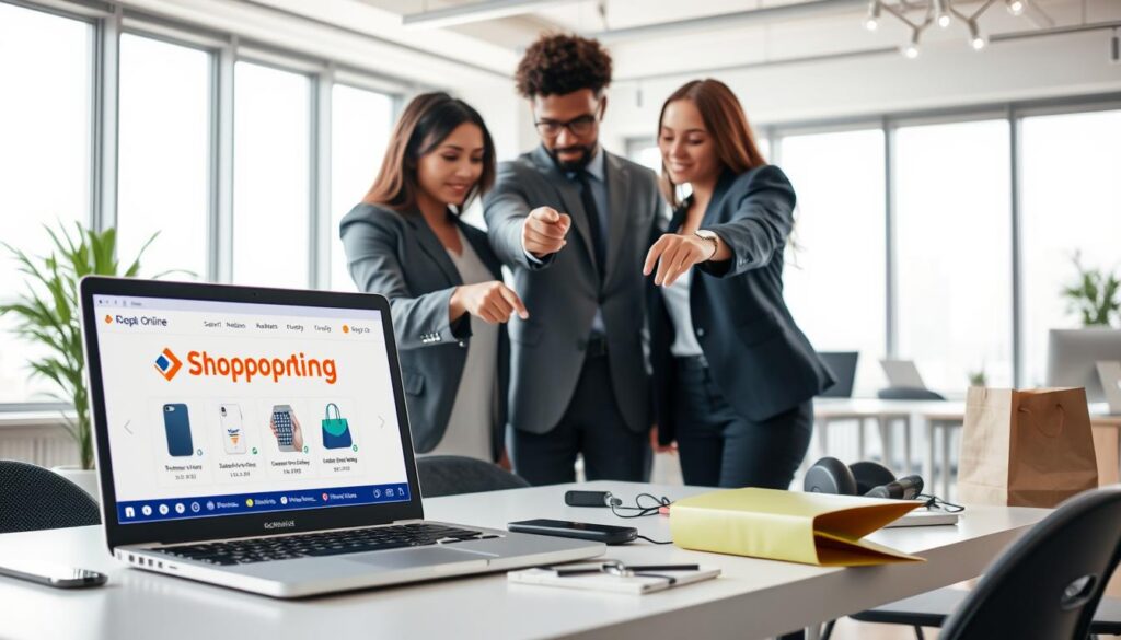 A modern digital workspace featuring a sleek laptop displaying the "Shopping Online" brand logo and a visually appealing interface with product recommendations based on user preferences. In the foreground, a diverse group of three professionals in smart business attire are engaged in a discussion, pointing at the laptop screen, highlighting their collaborative approach to budgeting and smart shopping. The middle ground showcases a stylish desk cluttered with trendy tech gadgets and an eco-friendly shopping bag. The background includes a clean, contemporary office setting with large windows allowing soft, natural light to illuminate the space, creating an inviting atmosphere. The mood is focused and productive, emphasizing smart financial decisions aided by AI technology for budget management.