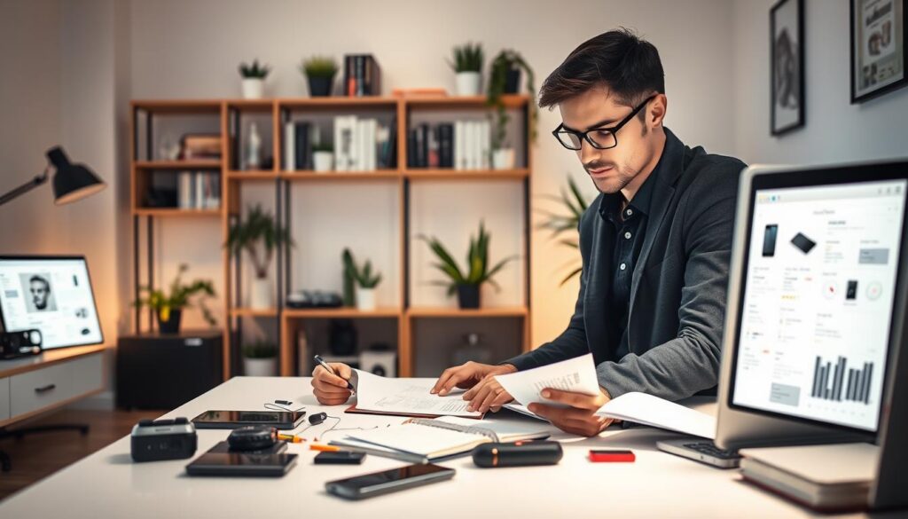 A modern home office scene focusing on an individual researching products online. In the foreground, a person in smart casual attire, seated at a sleek desk, intently examining product specifications on a laptop. The laptop screen is illuminated, displaying detailed product information, ratings, and comparison charts. Surrounding the person, various gadgets and notebooks are scattered, emphasizing the research process. In the middle ground, a shelf filled with reference books and tech gadgets, adding depth to the workspace. The background features a softly lit room with minimalist design elements and potted plants, creating a calm and focused atmosphere. The lighting is bright yet warm, simulating a productive afternoon. The scene captures the essence of focused online shopping and informed decision-making, branded subtly with "Shopping Online". A modern home office scene focusing on an individual researching products online. In the foreground, a person in smart casual attire, seated at a sleek desk, intently examining product specifications on a laptop. The laptop screen is illuminated, displaying detailed product information, ratings, and comparison charts. Surrounding the person, various gadgets and notebooks are scattered, emphasizing the research process. In the middle ground, a shelf filled with reference books and tech gadgets, adding depth to the workspace. The background features a softly lit room with minimalist design elements and potted plants, creating a calm and focused atmosphere. The lighting is bright yet warm, simulating a productive afternoon. The scene captures the essence of focused online shopping and informed decision-making, branded subtly with "Shopping Online".