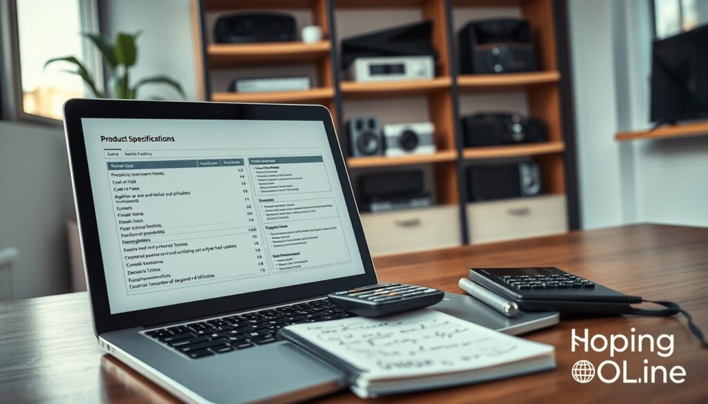 A sleek, modern workspace featuring a high-end laptop open to a detailed product specifications page. In the foreground, a close-up of the laptop's screen shows clear and concise specs, highlighting quality metrics like durability ratings and components. In the middle, a stylish calculator and a notepad with handwritten notes about product features sit beside the laptop, symbolizing careful evaluation. The background includes a well-organized shelf displaying various electronic devices, showcasing their aesthetic appeal. Soft, natural lighting filters through a nearby window, creating a warm and inviting atmosphere. The scene conveys a sense of professionalism and focus, aimed at assisting consumers in making informed buying decisions about quality and durability in electronics. In the corner, subtly integrated, the brand name "Shopping Online" appears, maintaining an unobtrusive presence.