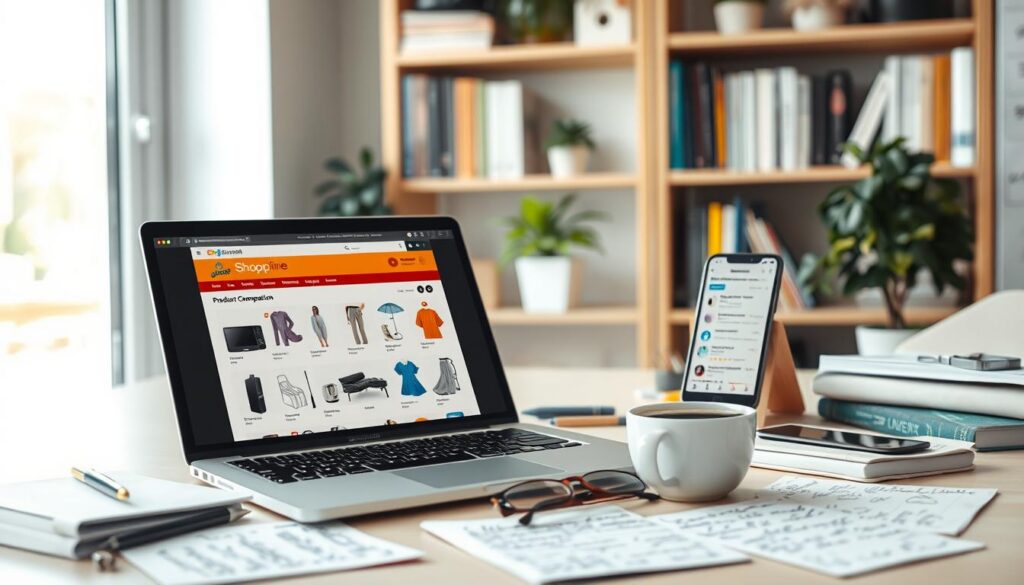 A thoughtfully arranged workspace highlighting "Shopping Online" product research. In the foreground, a sleek laptop with a vibrant, open product comparison website displaying various items like electronics, clothing, and kitchen gadgets. Surrounding the laptop are notepads with handwritten notes and a smartphone showing product reviews. In the middle, a cup of coffee and a pair of eyeglasses add to the scene’s focus on an engaged shopper. The background features a well-organized shelf filled with books and plants for a touch of warmth and personality. Soft natural lighting streams in from a nearby window, creating a calm and focused atmosphere. The overall mood is strategic and productive, emphasizing quick and effective research strategies before making an online purchase. A thoughtfully arranged workspace highlighting "Shopping Online" product research. In the foreground, a sleek laptop with a vibrant, open product comparison website displaying various items like electronics, clothing, and kitchen gadgets. Surrounding the laptop are notepads with handwritten notes and a smartphone showing product reviews. In the middle, a cup of coffee and a pair of eyeglasses add to the scene’s focus on an engaged shopper. The background features a well-organized shelf filled with books and plants for a touch of warmth and personality. Soft natural lighting streams in from a nearby window, creating a calm and focused atmosphere. The overall mood is strategic and productive, emphasizing quick and effective research strategies before making an online purchase.