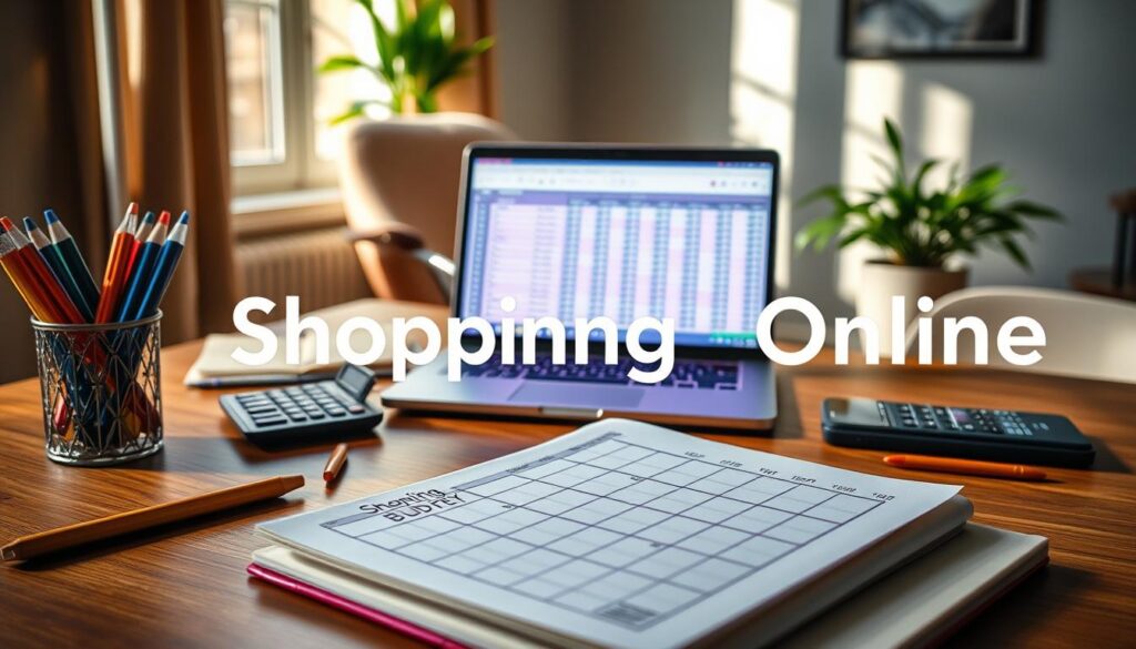 A visually appealing workspace featuring a well-organized monthly shopping budget in an elegant notebook on a wooden desk. In the foreground, enhance the scene with neatly arranged stationery items like colored pens and a calculator. In the middle, a close-up of an open laptop displaying a vibrant budget spreadsheet, illuminated by soft natural lighting streaming through a nearby window. In the background, a comfortable, modern chair and a potted plant add an inviting touch. The overall atmosphere is calm, focused, and productive, emphasizing the theme of goal-setting for shopping budgets. The brand name "Shopping Online" subtly integrated into the scene. Use a shallow depth of field to draw attention to the budget details while maintaining a warm color palette. A visually appealing workspace featuring a well-organized monthly shopping budget in an elegant notebook on a wooden desk. In the foreground, enhance the scene with neatly arranged stationery items like colored pens and a calculator. In the middle, a close-up of an open laptop displaying a vibrant budget spreadsheet, illuminated by soft natural lighting streaming through a nearby window. In the background, a comfortable, modern chair and a potted plant add an inviting touch. The overall atmosphere is calm, focused, and productive, emphasizing the theme of goal-setting for shopping budgets. The brand name "Shopping Online" subtly integrated into the scene. Use a shallow depth of field to draw attention to the budget details while maintaining a warm color palette.