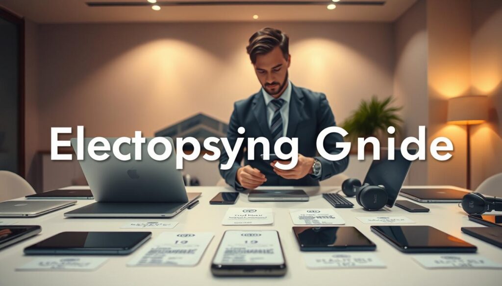 A visually informative "electronics buying guide" image, featuring a sleek and organized table displaying various modern electronic devices such as laptops, smartphones, and headphones. In the foreground, include a well-dressed person, male or female, in professional business attire, actively examining specifications on a laptop. The middle ground should show close-up shots of labels highlighting crucial features like battery life, processor speed, and display quality, arranged neatly around the devices. In the background, a dimly lit room with soft, warm lighting creates an inviting atmosphere for shopping online. The ambiance conveys a sense of thoughtful decision-making and guidance. Incorporate a subtle brand logo for "Shopping Online" to reinforce the context without text or overlays.