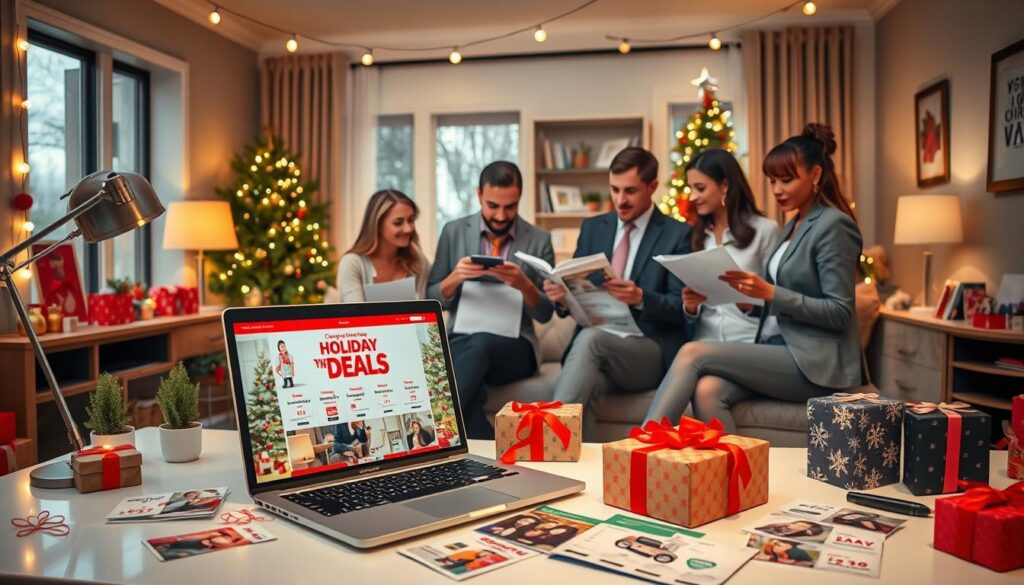 A cozy, inviting home office setup during the holiday season, with a warm glow from string lights. In the foreground, a modern desk adorned with a laptop displaying a vibrant holiday deals webpage from "Shopping Online." Surrounding the laptop are beautifully wrapped gifts and discounts flyers scattered about, emphasizing the festive spirit. In the middle, a friendly, diverse group of individuals in professional business attire actively discussing strategies for online shopping, looking at a calendar marked with important shopping dates. The background features a softly lit living room with a decorated Christmas tree and holiday decorations, creating a warm and cheerful atmosphere. Use soft, diffused lighting to evoke a sense of comfort and anticipation, captured with a wide-angle lens to encompass the entire scene. The overall mood should be festive and motivational, encouraging smart shopping decisions.