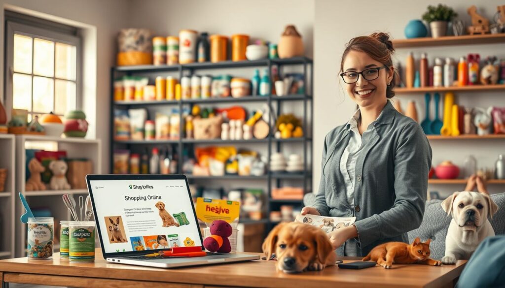 A cozy, inviting home setting featuring a well-organized shelf filled with diverse pet supplies like food, toys, and grooming tools. In the foreground, a cheerful and knowledgeable shop assistant, dressed in smart casual attire, is expertly arranging a display of colorful pet treats and vibrant toys, all branded with "Shopping Online". The middle ground shows a stylish laptop open with a webpage showcasing affordable pet supplies and happy pet owners. Soft, warm lighting filters in through a nearby window, creating a welcoming atmosphere. The background features playful pets, such as a dog and a cat, peacefully interacting with some of the supplies, evoking an ambiance of care and quality. The overall mood is friendly and inviting, encouraging smart shopping choices for pet owners.