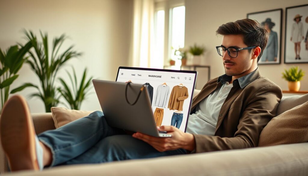 A cozy, modern home setting showcasing a stylish individual browsing a laptop for wardrobe shopping online, highlighting essential fashion staples. In the foreground, the person, dressed in smart casual clothing, leans comfortably on a plush sofa, focused on the screen. The middle layer features the laptop displaying a vibrant selection of clothing items—classic essentials like blazers, white tees, and a versatile pair of jeans. Soft natural light filters through a nearby window, casting a warm glow in the room. The background reveals a sleek, minimalist decor—potted plants and framed fashion prints on the walls, contributing to a chic and inviting atmosphere. The brand “Shopping Online” is subtly represented through the items displayed.